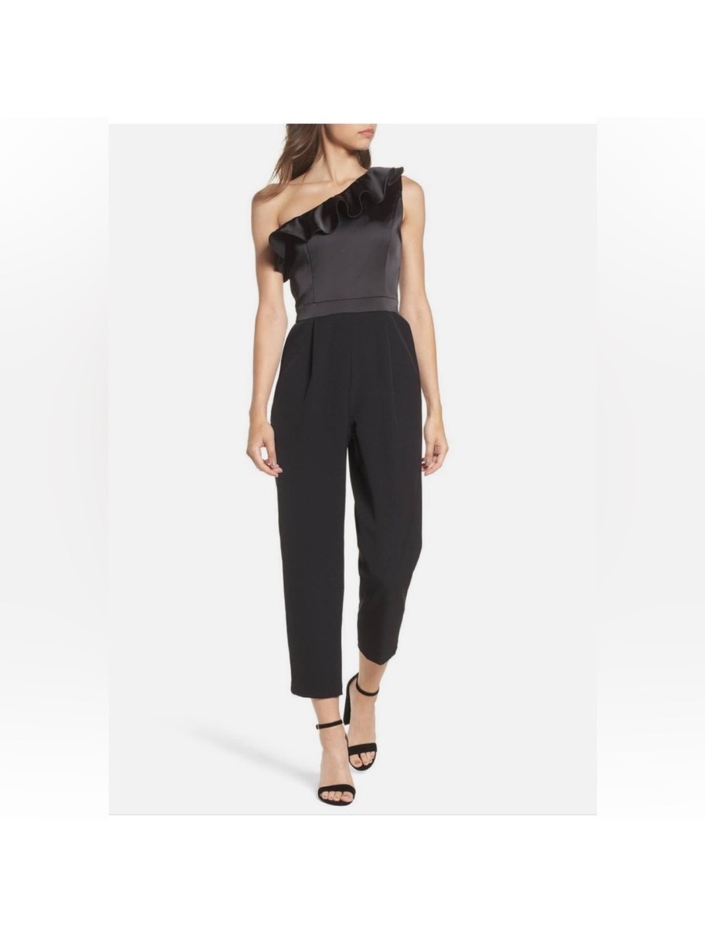 Petite Maggie London One Shoulder Satin and Crepe Ruffle Jumpsuit
